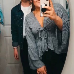 Gingham bell bottom sleeve tie top